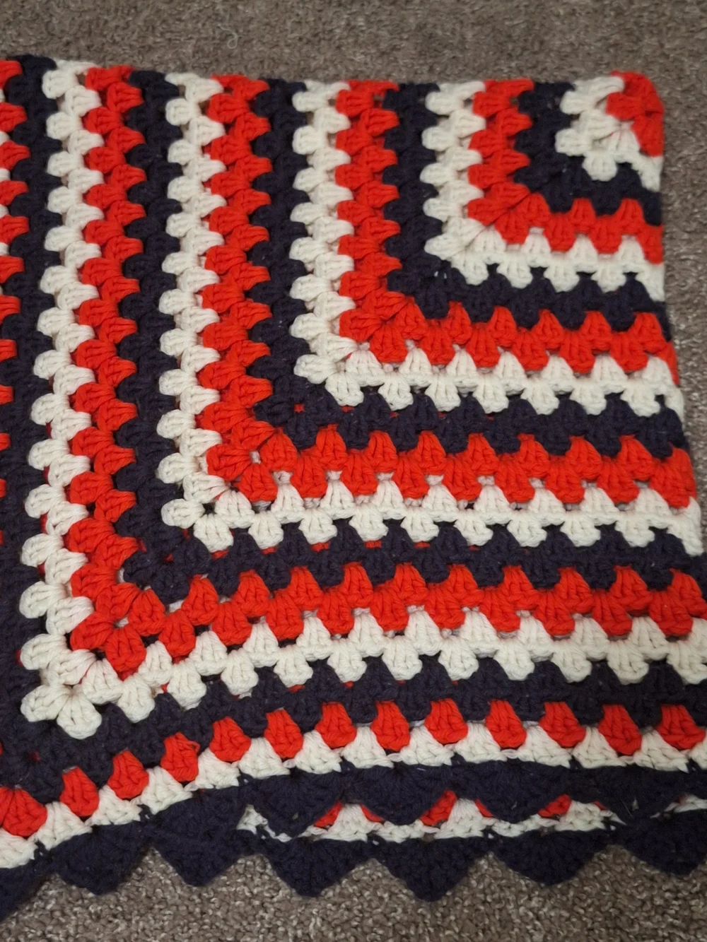 Handmade Crochet Square Quilt - Red, Cream & Navy